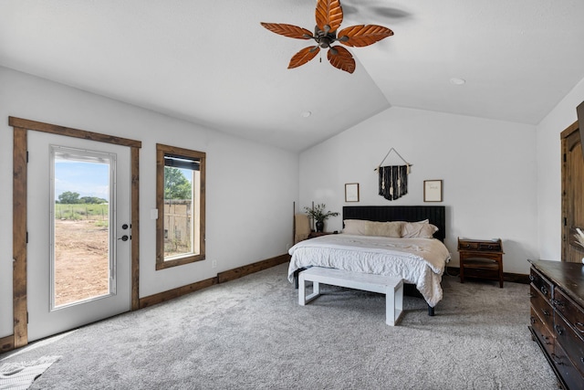 bedroom with baseboards, lofted ceiling, ceiling fan, access to exterior, and light carpet