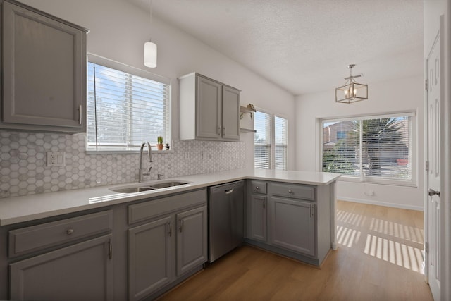 8104 Sleeping Bear Dr NW, Albuquerque, NM 87120 - kitchen with dishwasher, gray cabinetry, a peninsula, and a textured ceiling