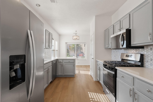 kitchen featuring a peninsula, gray cabinetry, light countertops, appliances with stainless steel finishes, and tasteful backsplash