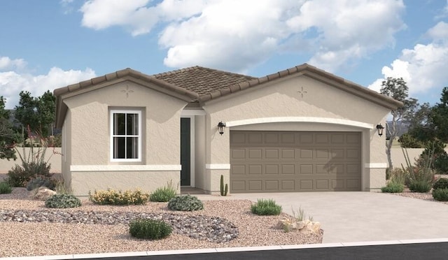 view of front of property featuring driveway, a tiled roof, an attached garage, and stucco siding