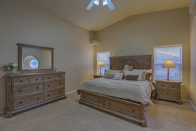 carpeted bedroom featuring a ceiling fan, high vaulted ceiling, and baseboards