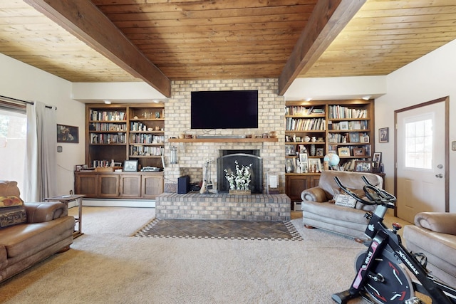 living room featuring carpet floors, a brick fireplace, wooden ceiling, and beam ceiling