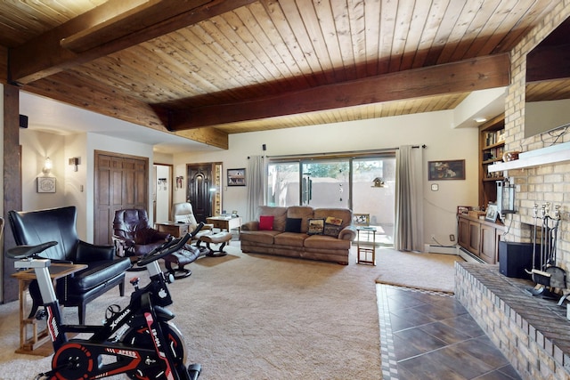 living area featuring beam ceiling, dark carpet, a brick fireplace, wood ceiling, and dark tile patterned floors