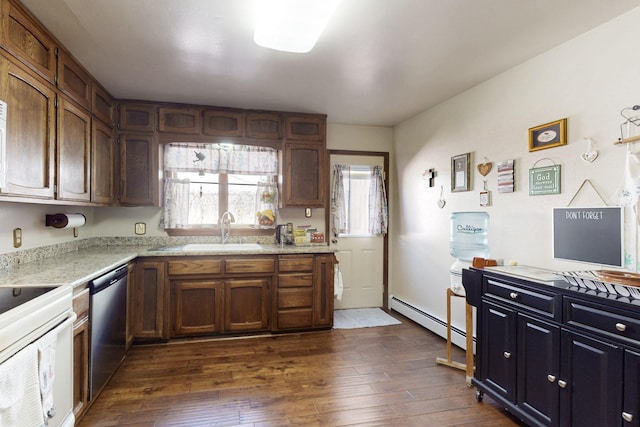 kitchen featuring electric range, a sink, stainless steel dishwasher, baseboard heating, and dark wood-style floors