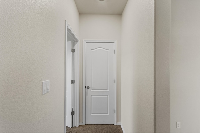 hall with carpet floors and a textured wall