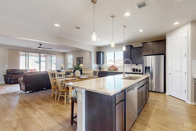 kitchen with stainless steel appliances, visible vents, a kitchen island with sink, a sink, and a kitchen breakfast bar