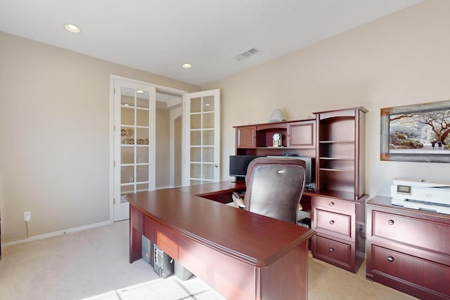 office area with recessed lighting, visible vents, light carpet, and baseboards