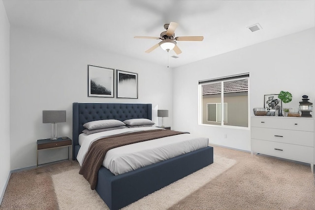 bedroom featuring light carpet, ceiling fan, visible vents, and baseboards