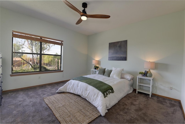 bedroom featuring carpet floors, ceiling fan, and baseboards