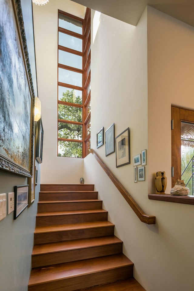 stairs with a towering ceiling and a wealth of natural light