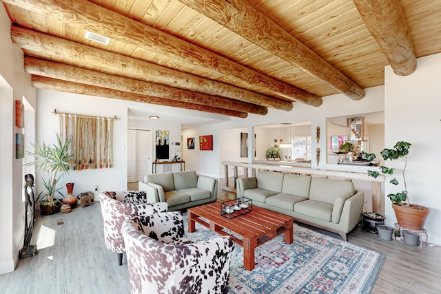 living room with wood ceiling, visible vents, beam ceiling, and wood finished floors