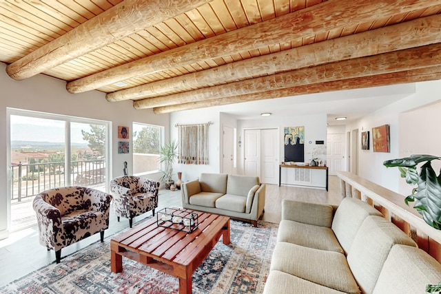 living area with wooden ceiling, beam ceiling, and wood finished floors