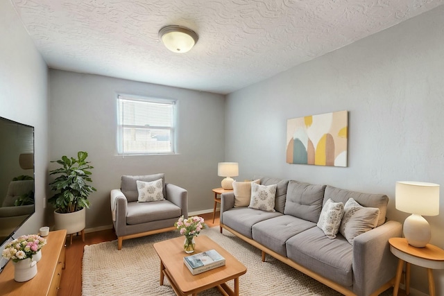 living room with a textured ceiling, baseboards, and wood finished floors