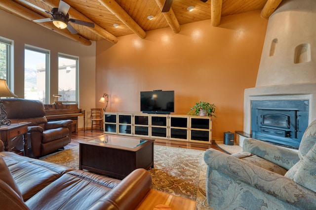 living room with wooden ceiling, ceiling fan, beamed ceiling, and wood finished floors