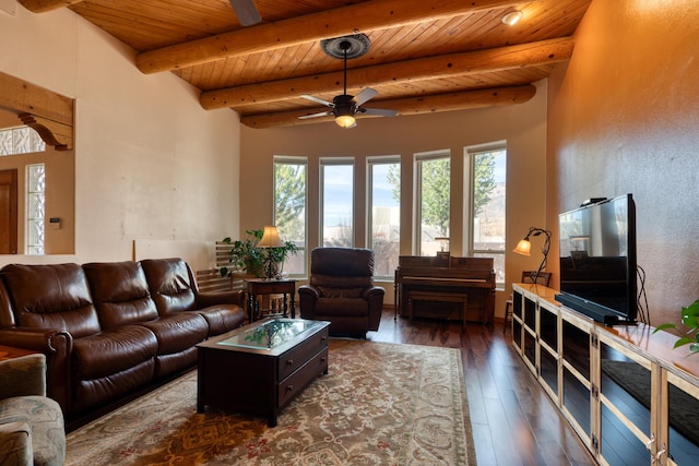 living room featuring wooden ceiling, a ceiling fan, dark wood finished floors, and beamed ceiling