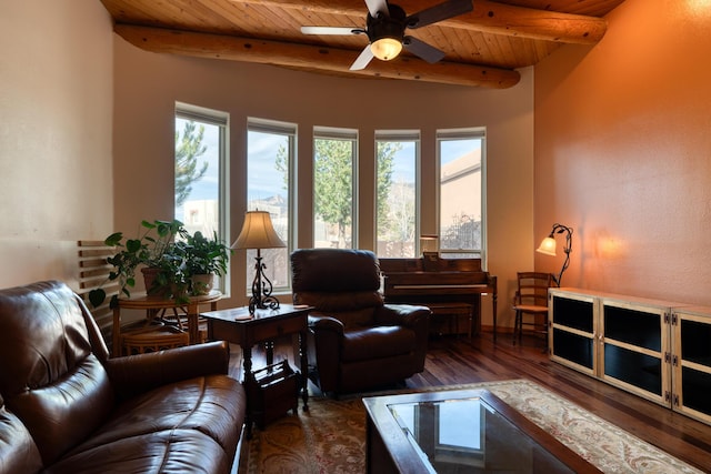 living room with ceiling fan, beamed ceiling, wooden ceiling, and wood finished floors