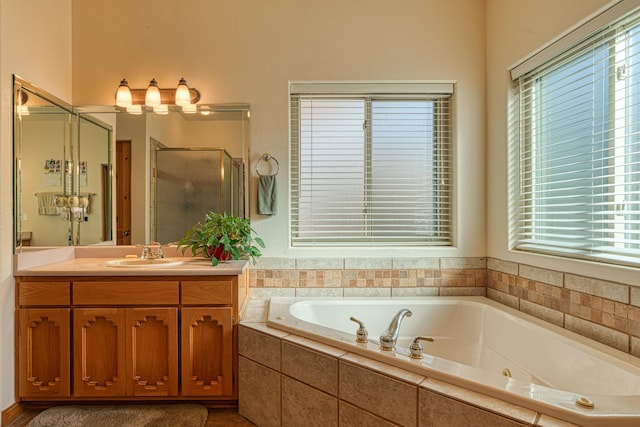 full bathroom featuring a healthy amount of sunlight, a shower stall, vanity, and a whirlpool tub