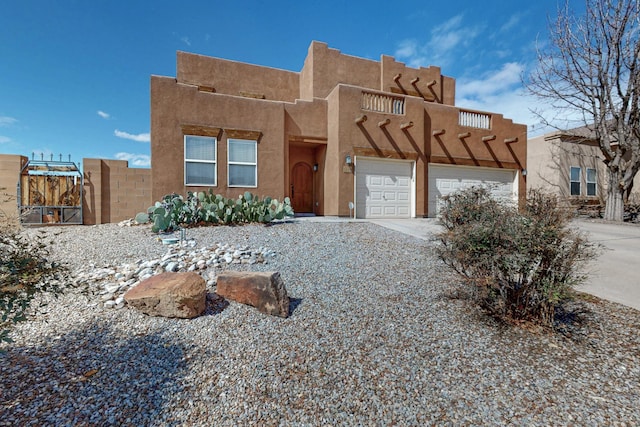 pueblo revival-style home with stucco siding, a garage, and driveway