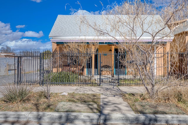 view of front facade featuring roof with shingles, a fenced front yard, a gate, and stucco siding