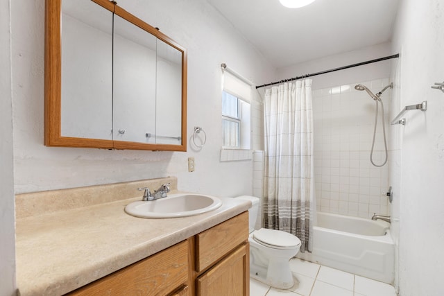 bathroom with toilet, tile patterned flooring, shower / tub combo with curtain, and vanity