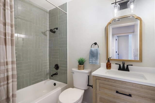 full bath with toilet, visible vents, shower / bath combo with shower curtain, and vanity