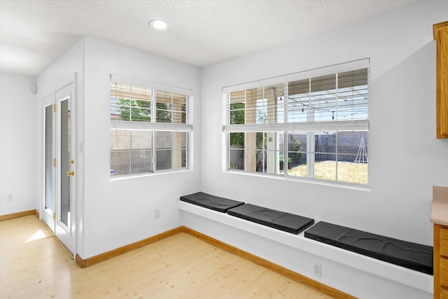 interior space featuring baseboards, a textured ceiling, and light wood finished floors