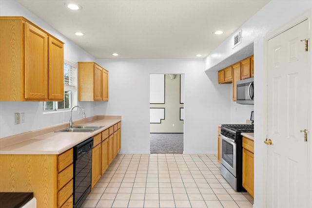 kitchen with light tile patterned floors, recessed lighting, a sink, stainless steel appliances, and light countertops