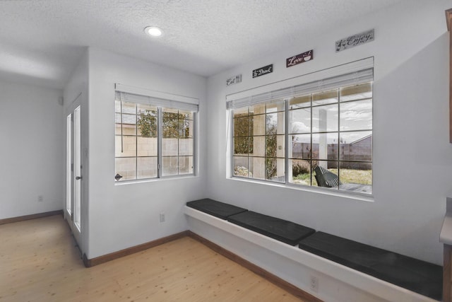 interior space featuring baseboards, a textured ceiling, and light wood-type flooring