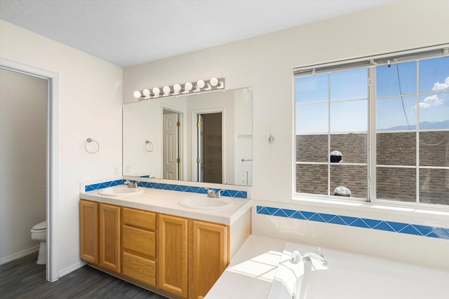 bathroom featuring a sink, a garden tub, toilet, and double vanity