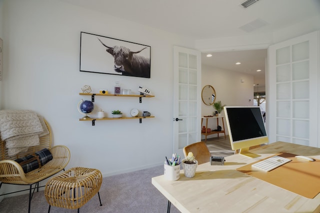 carpeted office featuring recessed lighting, visible vents, baseboards, and french doors