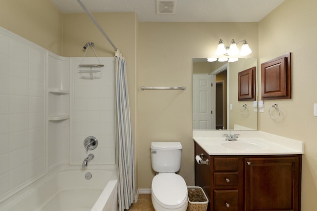 full bathroom with visible vents, shower / bathtub combination with curtain, toilet, and vanity