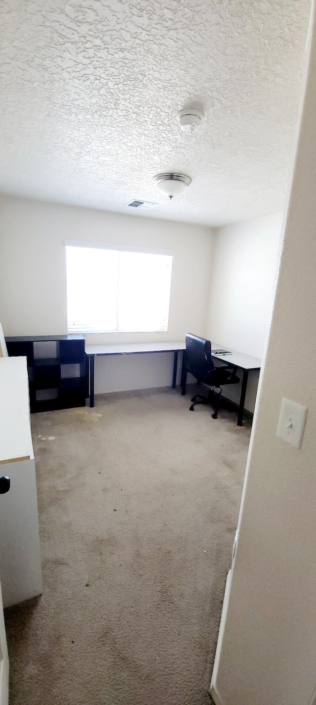 carpeted home office with a textured ceiling