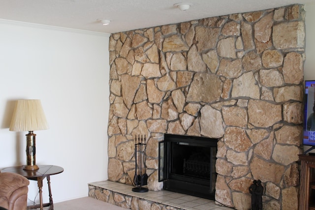 details featuring a textured ceiling, ornamental molding, and a fireplace