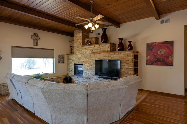 living room featuring visible vents, baseboards, wood ceiling, a fireplace, and wood finished floors