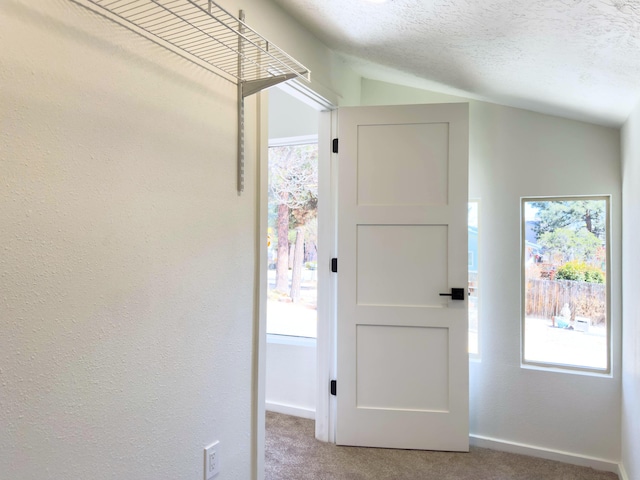 entrance foyer with a textured wall, a textured ceiling, carpet flooring, and vaulted ceiling