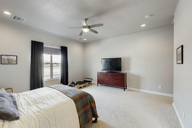 bedroom featuring visible vents, a ceiling fan, recessed lighting, carpet, and baseboards