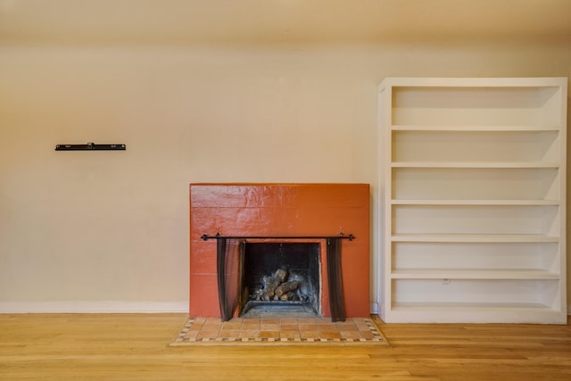 interior space featuring a fireplace, wood finished floors, and baseboards