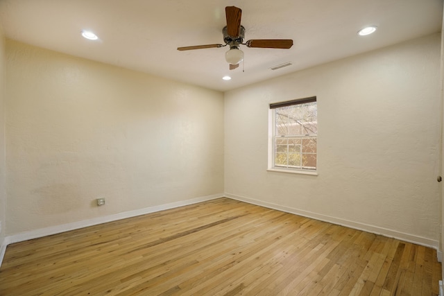 empty room with ceiling fan, light wood-style flooring, recessed lighting, visible vents, and baseboards