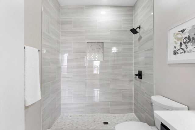 bathroom featuring toilet, a shower stall, and vanity