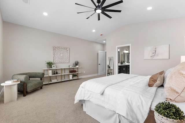 bedroom featuring light carpet, baseboards, connected bathroom, vaulted ceiling, and recessed lighting