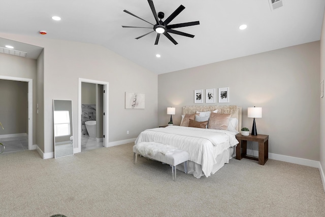 carpeted bedroom with lofted ceiling, baseboards, visible vents, and recessed lighting