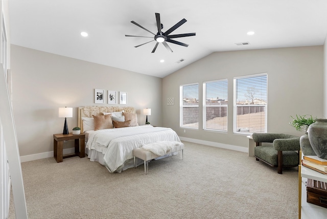 bedroom featuring baseboards, visible vents, light colored carpet, lofted ceiling, and recessed lighting