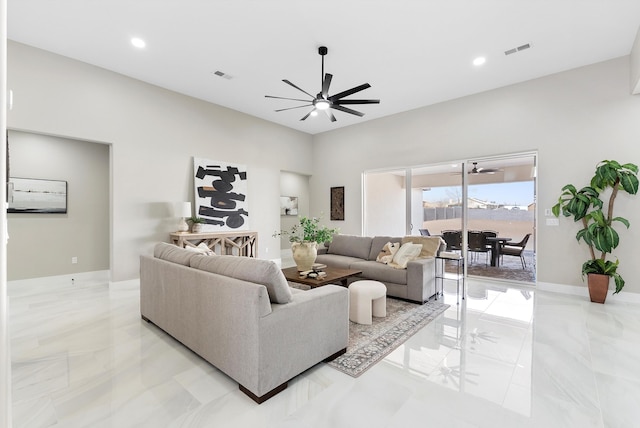 living room featuring marble finish floor, ceiling fan, visible vents, and recessed lighting