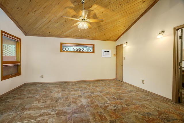 spare room with vaulted ceiling, ornamental molding, wooden ceiling, and baseboards