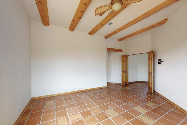 unfurnished room with baseboards, visible vents, a ceiling fan, beamed ceiling, and light tile patterned flooring