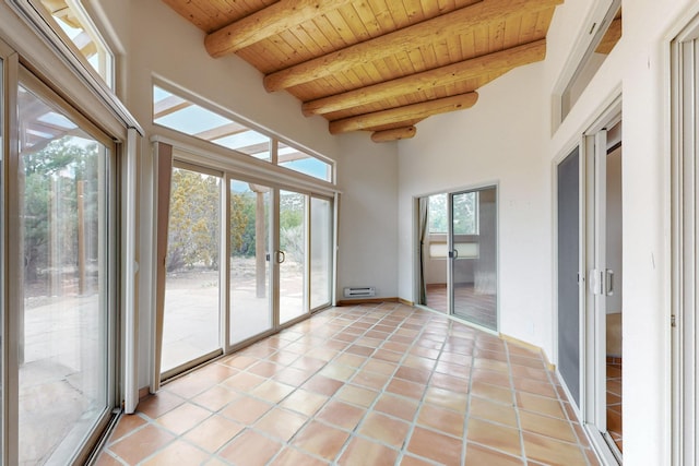 unfurnished sunroom with wood ceiling and beam ceiling