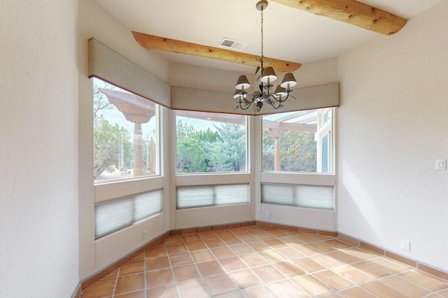 unfurnished sunroom featuring an inviting chandelier, visible vents, and beamed ceiling