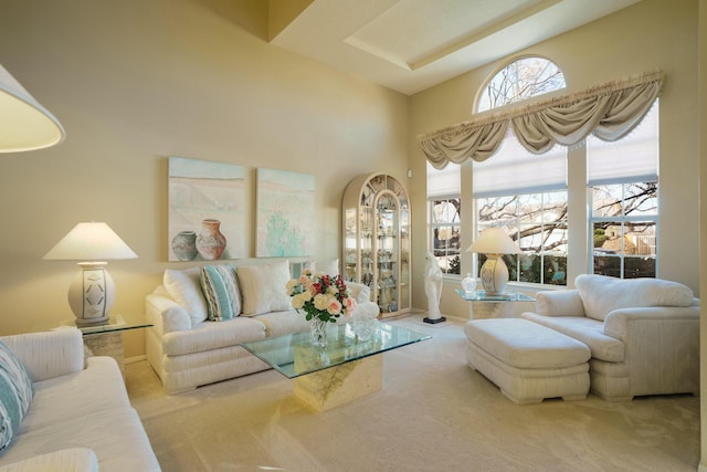 living room featuring a towering ceiling and carpet floors