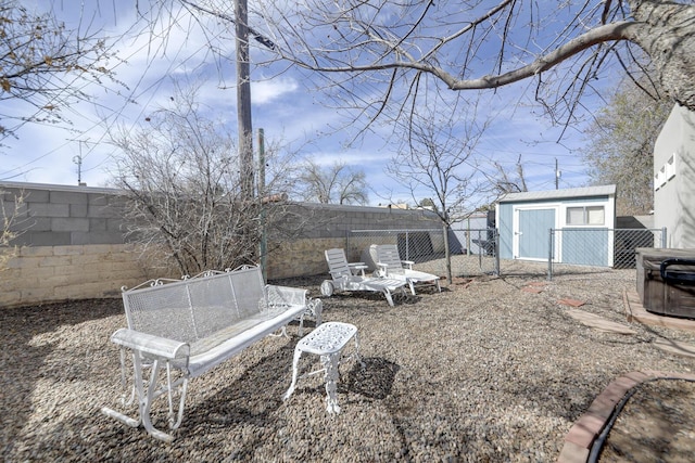 view of yard with a fenced backyard, a shed, and an outbuilding