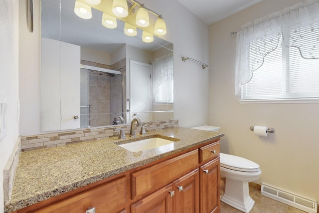 bathroom featuring visible vents, toilet, a healthy amount of sunlight, and a stall shower